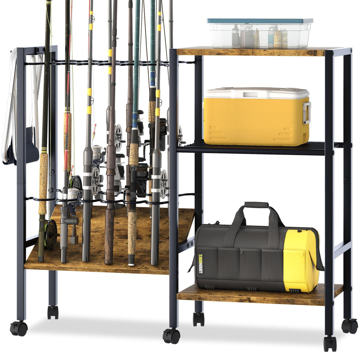 Azheruol Fishing Rod Rack Fishing Equipment Organizers With Wheels, Metal Fishing Gear Shelf Up To 12 Rods, Fishing Rod Holders Fishing Pole Storage Cart For Garage Home Entryway Corner Azheruol