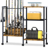 Azheruol Fishing Rod Rack Fishing Equipment Organizers With Wheels, Metal Fishing Gear Shelf Up To 12 Rods, Fishing Rod Holders Fishing Pole Storage Cart For Garage Home Entryway Corner Azheruol