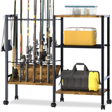 Azheruol Fishing Rod Rack Fishing Equipment Organizers With Wheels, Metal Fishing Gear Shelf Up To 12 Rods, Fishing Rod Holders Fishing Pole Storage Cart For Garage Home Entryway Corner Azheruol