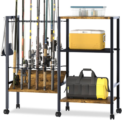 Azheruol Fishing Rod Rack Fishing Equipment Organizers With Wheels, Metal Fishing Gear Shelf Up To 12 Rods, Fishing Rod Holders Fishing Pole Storage Cart For Garage Home Entryway Corner