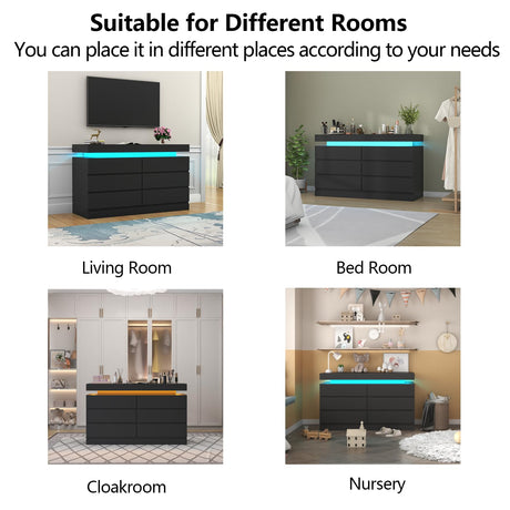 Gyfimoie 6 Drawer Dresser with Power Outlet, Black Dresser with LED Light, Modern Chest of Drawers for Closet, Double Wide Drawer Organizer Cabinet for Bedroom, Living Room, Entryway, Hallway (Black) Gyfimoie