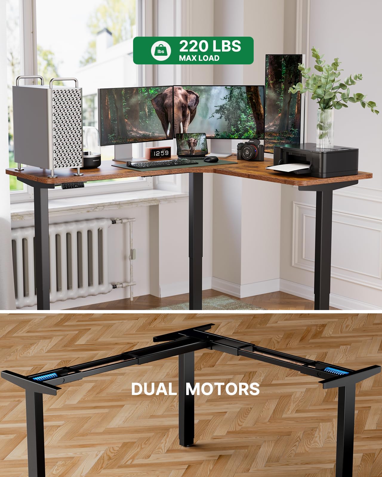 Marsail Standing Desk Adjustable Height with 4-in 1 Electical Outlet, L Shaped Electric Standing Desk (63x55 inch, Rustic) - WoodArtSupply