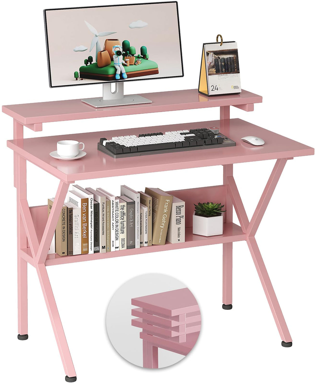 COTUBLR Small Desk, 27.5 Inch Small Computer Desk for Small Spaces, Computer Desk with Adjustable Monitor Stand, Compact Desk with Storage, Tiny Desk Study Desk for Bedroom Home Office, Pink COTUBLR