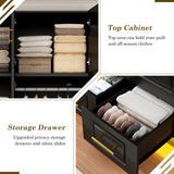 Hlivelood Large Armoire Wardrobe Closet Cabinet with Drawers and LED Lights, Multi-Tier Shelves, Hanging Rod, Large Capacity Storage 3 Door Wardrobe Armoire with Top Cabinet for Bedroom, Black Hlivelood