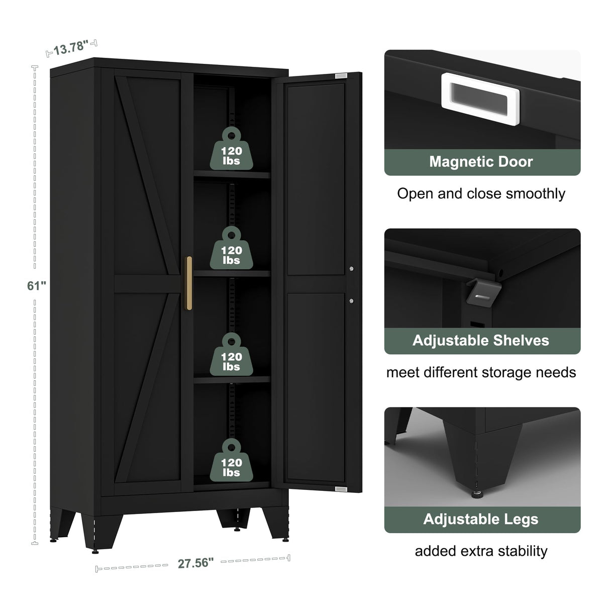 61" Tall Farmhouse Metal Pantry Cabinet, Kitchen Pantry Storage Cabinets with 2 Barn Door and Adjustable Shelves,Metal Pantry Storage Cabinet,for Kitchen,Laundry Room,Home Office,Kids Room (Black) Washsemba