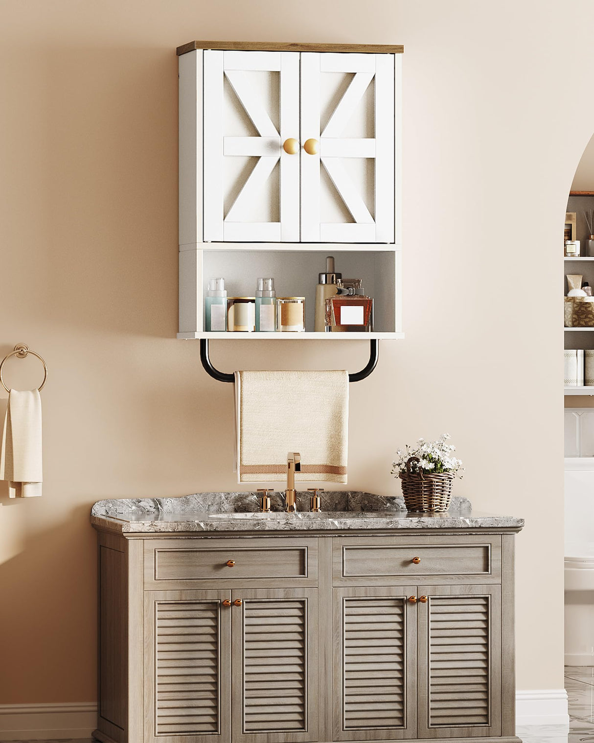CHOEZON Bathroom Wall Cabinet, Medicine Cabinet with Open Partition and Towel Bar, Rustic Storage Cabinet with Open and Hidden Storage Space, for Bathroom, Living Room, Kitchen, White and Walnut CHOEZON