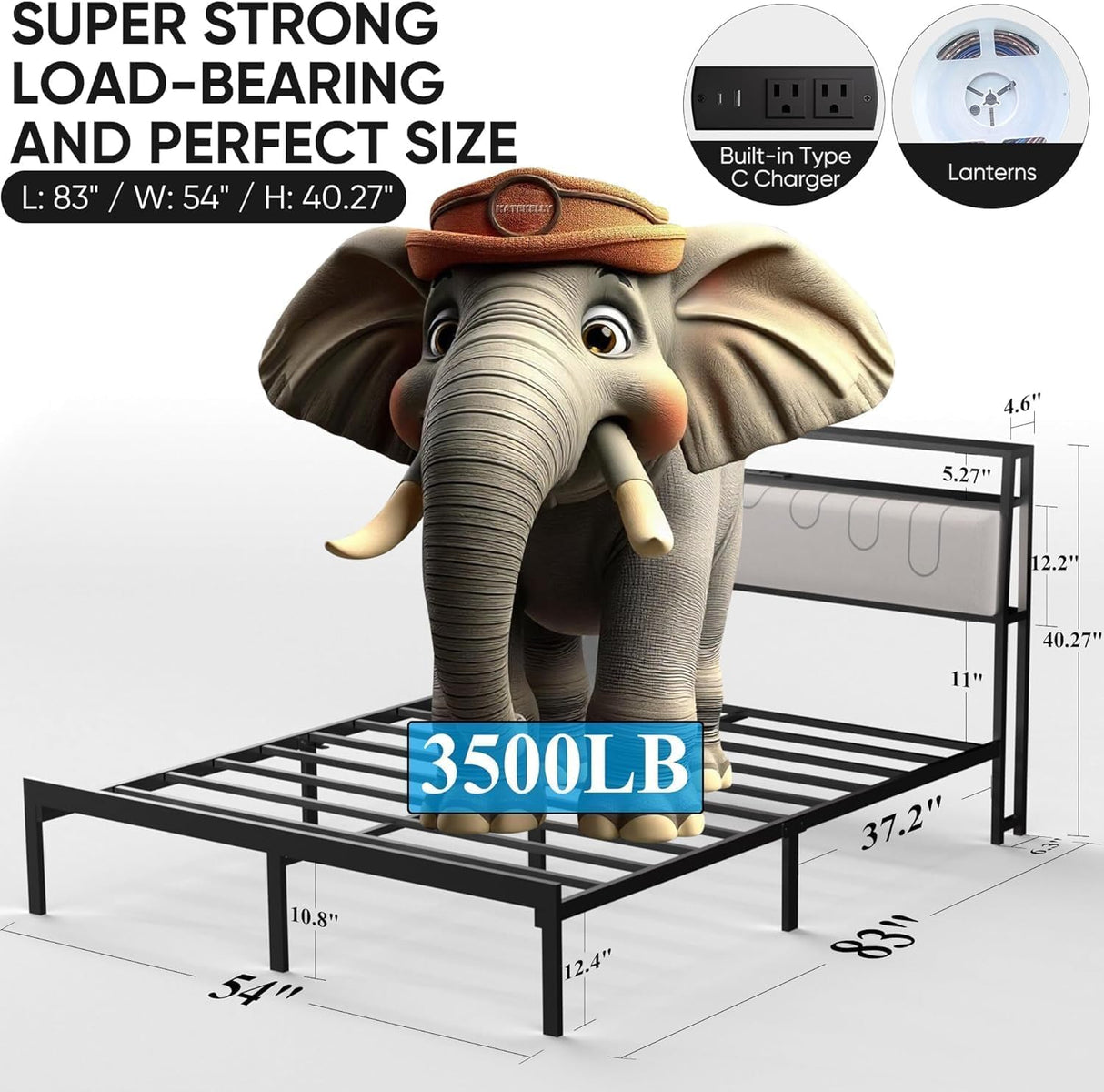 J.Fkne Full Bed Frames with Charging Station and LED Lights, Full Size Platform Bed with Metal Slats, Upholstered Headboard with 2-Tier Storage Shelves, No Box Spring Needed, Easy Assembly, Black J.Fkne