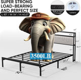 J.Fkne Full Bed Frames with Charging Station and LED Lights, Full Size Platform Bed with Metal Slats, Upholstered Headboard with 2-Tier Storage Shelves, No Box Spring Needed, Easy Assembly, Black J.Fkne