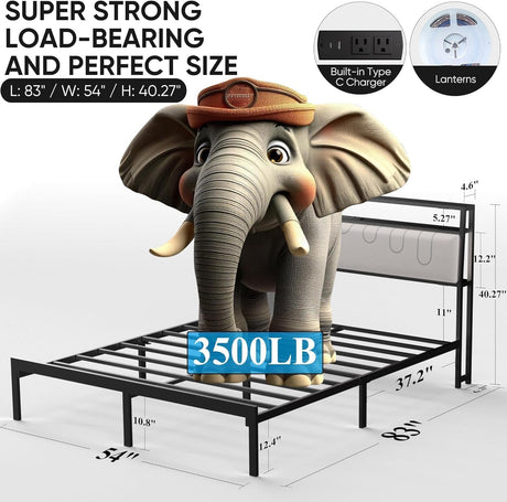 J.Fkne Full Bed Frames with Charging Station and LED Lights, Full Size Platform Bed with Metal Slats, Upholstered Headboard with 2-Tier Storage Shelves, No Box Spring Needed, Easy Assembly, Black J.Fkne