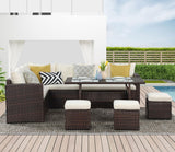 Wisteria Lane Patio Furniture Set, 7 Piece Outdoor Dining Sectional Sofa with Dining Table and Chair, All Weather Wicker Conversation Set with Ottoman, Brown Wisteria Lane