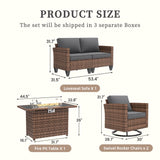 UDPATIO 5 Pieces Patio Furniture Set with Fire Pit Table, Outdoor Furniture Set with Rocking Swivel Chairs, Wicker Patio Set with Waterproof Cover, 4'' Thickened Cushion, Grey UDPATIO