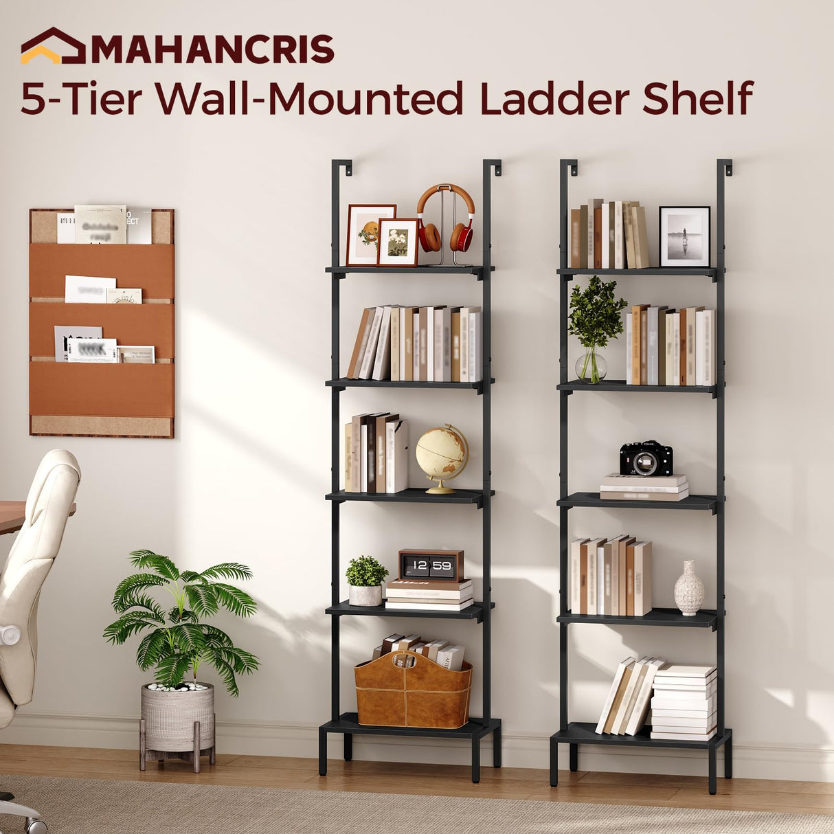 MAHANCRIS 5-Tier Ladder Shelf, Storage Bookshelf with Wall Mount, Heavy Duty Industrial Style Ladder Shelves for Living Room, Office, Kitchen, Bedroom, Black LSBK5501 MAHANCRIS