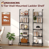 MAHANCRIS 5-Tier Ladder Shelf, Storage Bookshelf with Wall Mount, Heavy Duty Industrial Style Ladder Shelves for Living Room, Office, Kitchen, Bedroom, Black LSBK5501 MAHANCRIS