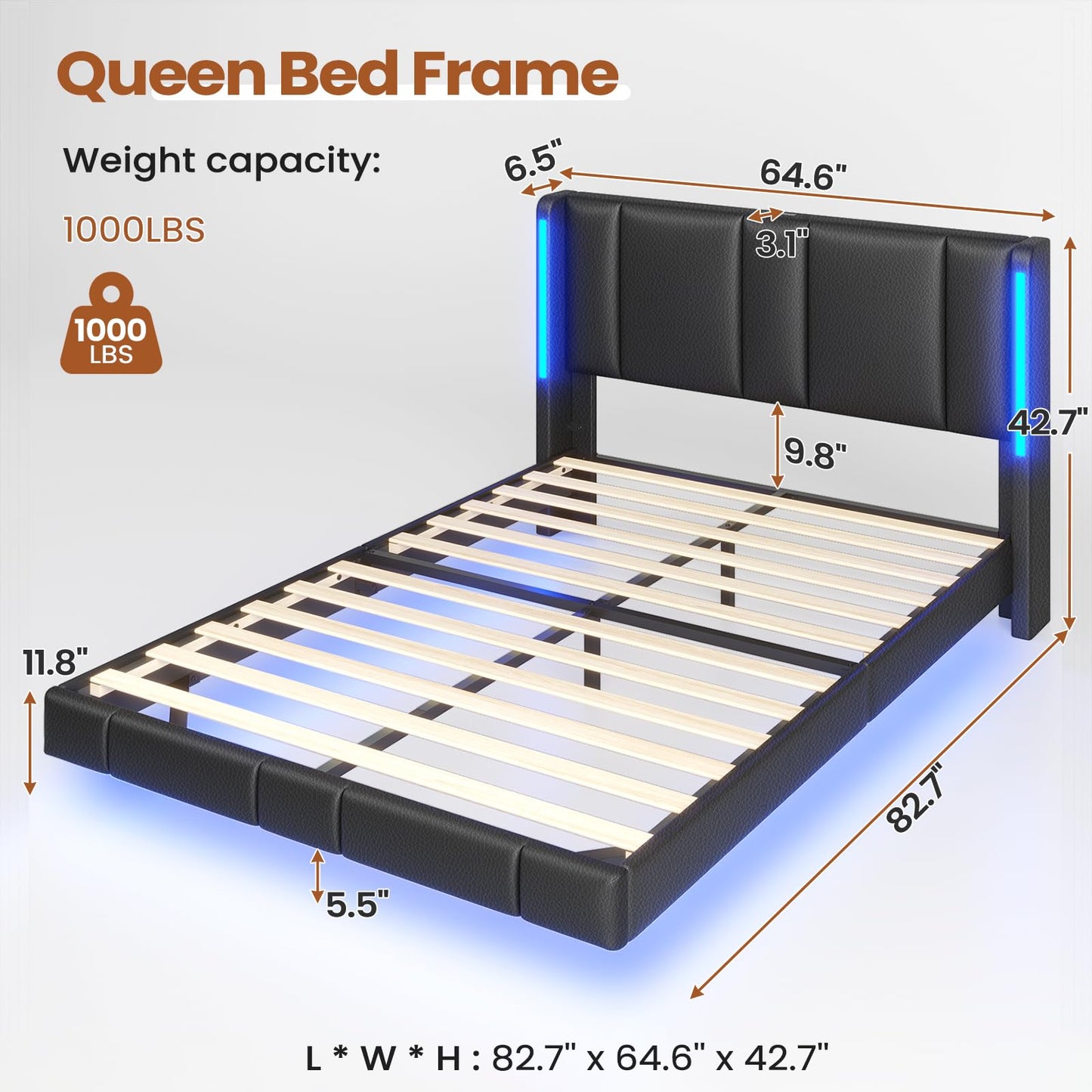 AOGLLATI Queen Floating Bed Frame with LED Lights and USB Charging Stations - WoodArtSupply