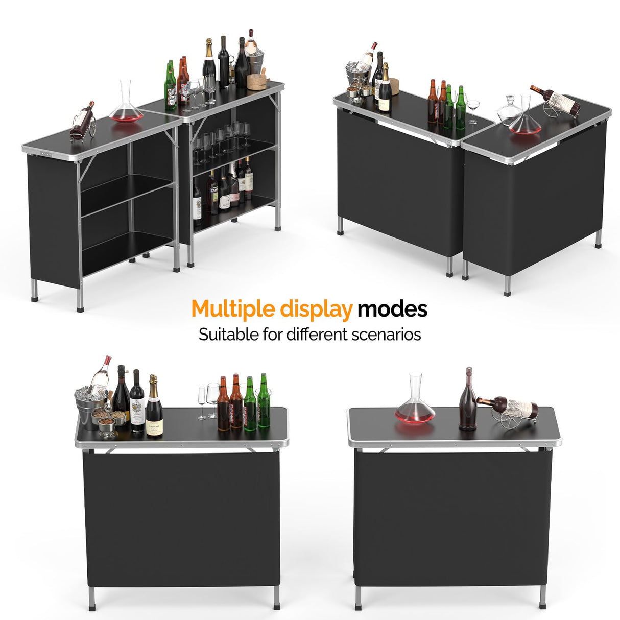 VINGLI Portable Bar Table, 3-Tier Shelves, Mobile Bar Table for Events, Party, Camping, Picnic, Tradeshow, Indoor with Black Skirt, 39 "L x 34" H VINGLI