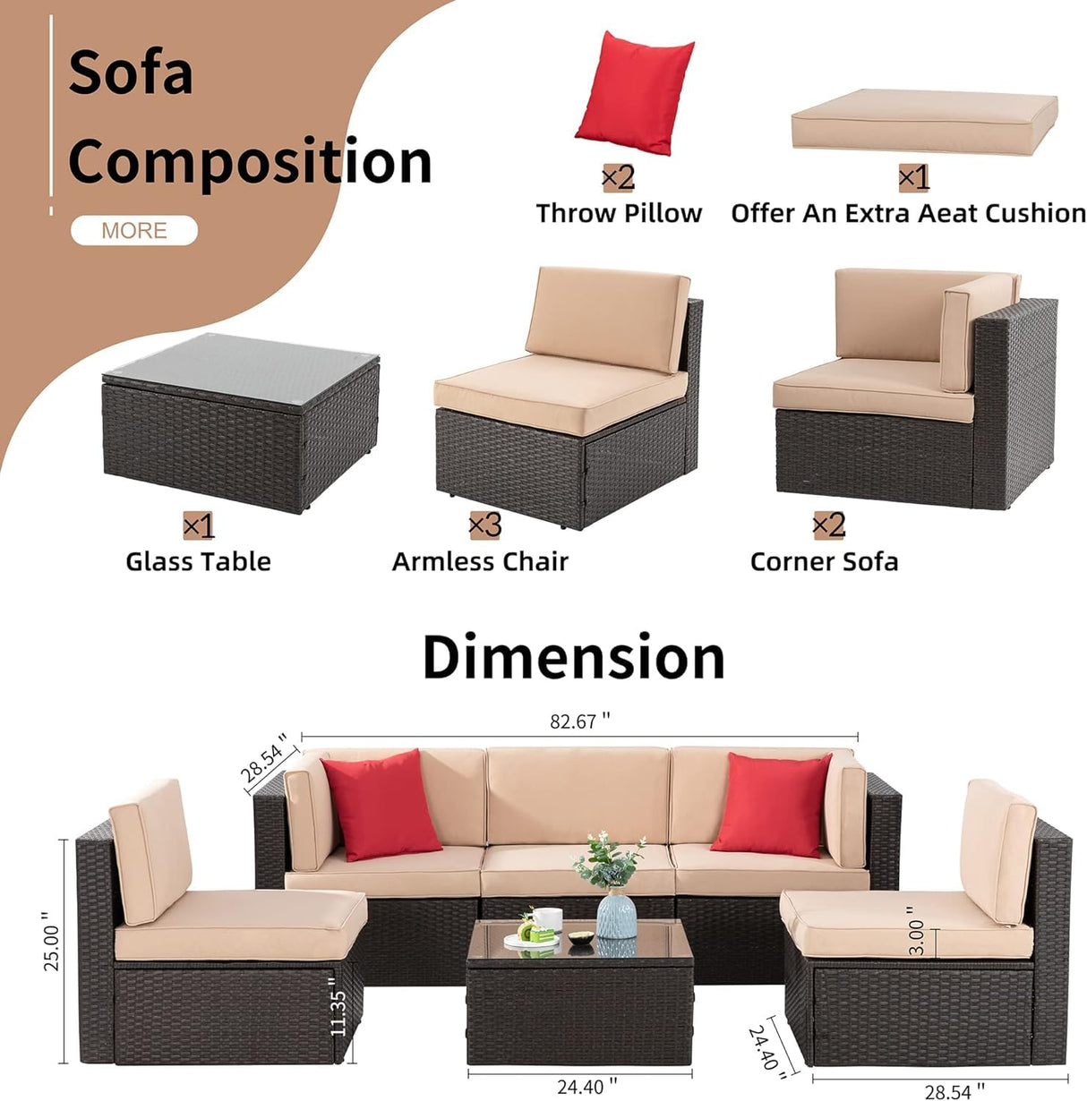 Shintenchi 6 Pieces Patio Furniture Sets Outdoor All-Weather Sectional Patio Sofa Set PE Rattan Manual Weaving Wicker Patio Conversation Set with Glass Table&Ottoman Cushion and Red Pillows, Beige Shintenchi
