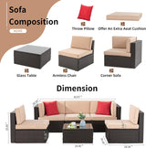 Shintenchi 6 Pieces Patio Furniture Sets Outdoor All-Weather Sectional Patio Sofa Set PE Rattan Manual Weaving Wicker Patio Conversation Set with Glass Table&Ottoman Cushion and Red Pillows, Beige Shintenchi