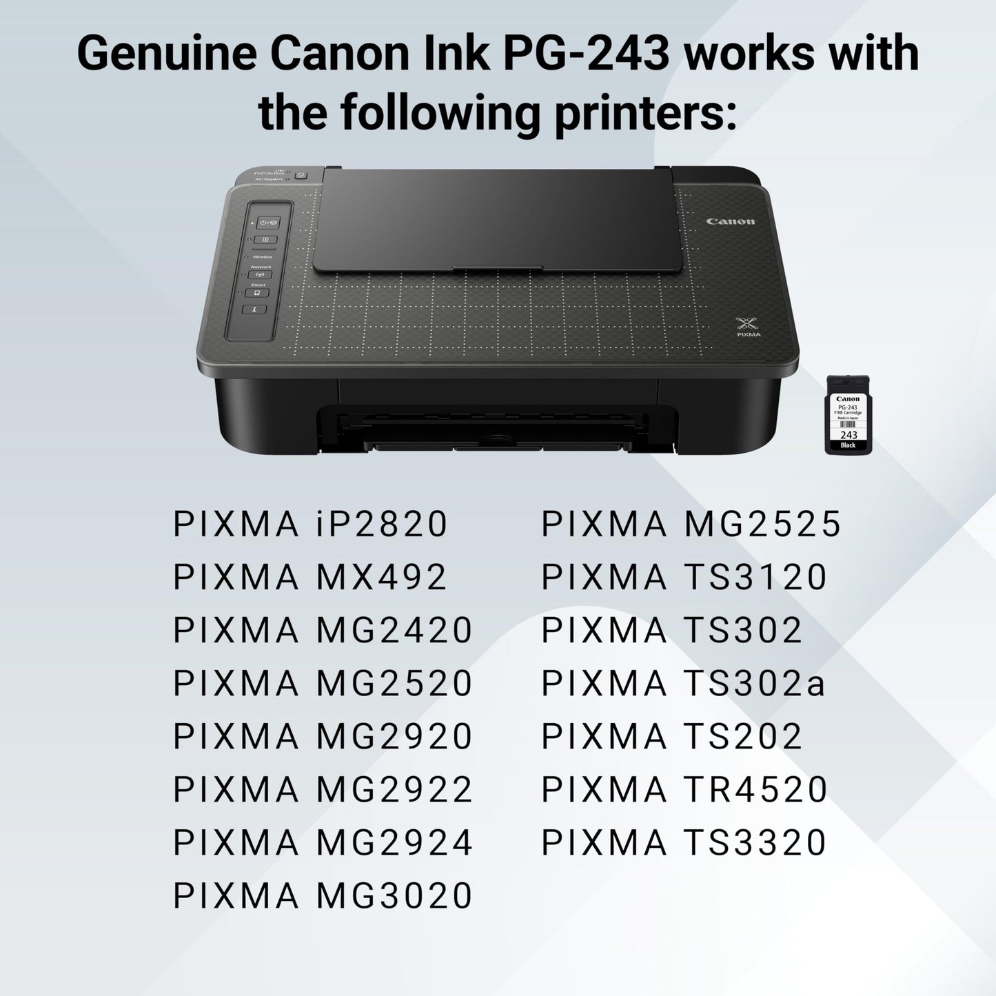 Canon PG-243 Genuine Black Ink Cartridge, Compatible with iP2820, MX492, MG2420/2520/2920/2922/2924/3020/2525, TS3120/302/302a/202/4520/3320