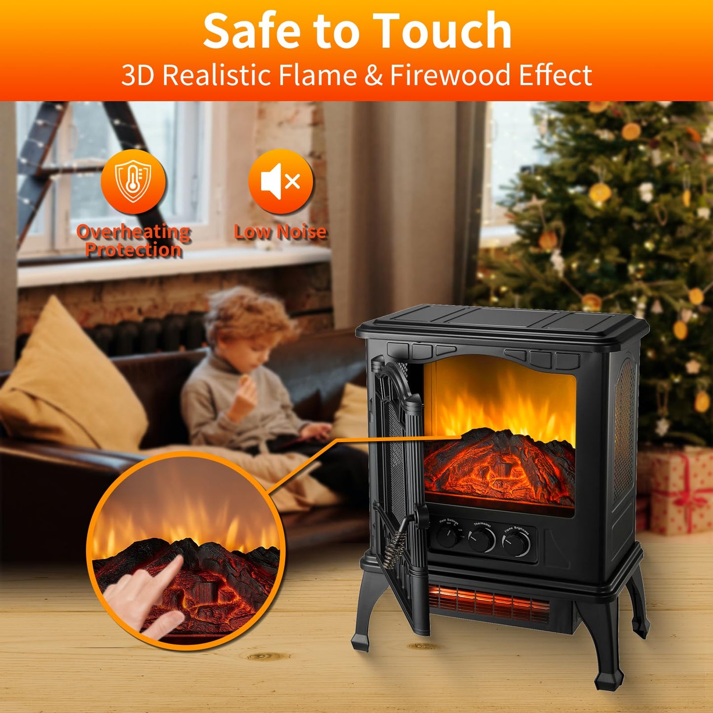 HICFM 3D Electric Fireplace Stove With Infrared Quartz Heater with Life-Like Flame, Power 1500W, BTU 5120 Maximum Coverage 500 sq ft, Making Home Warm as Spring, 2-Setting Heat, UL Safety