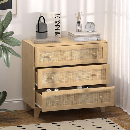 3 Drawer Rattan Dresser for Bedroom, Modern Natural Wooden Dresser, Beside Table for Closet, Boho Nightstand Chests of Drawers for Bedroom, Living Room, Entryway, Hallway