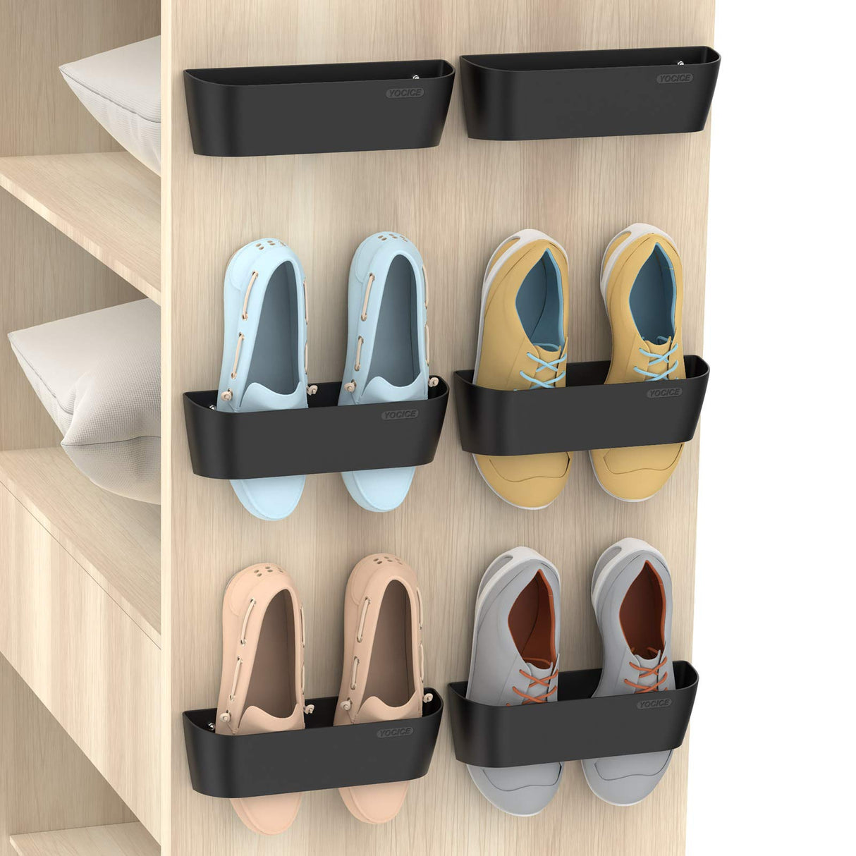 Yocice Wall Mounted Shoes Rack 6Pack with Sticky Hanging Strips, Plastic Shoes Holder Storage Organizer,Door Shoe Hangers (SM03-Black-6) Yocice