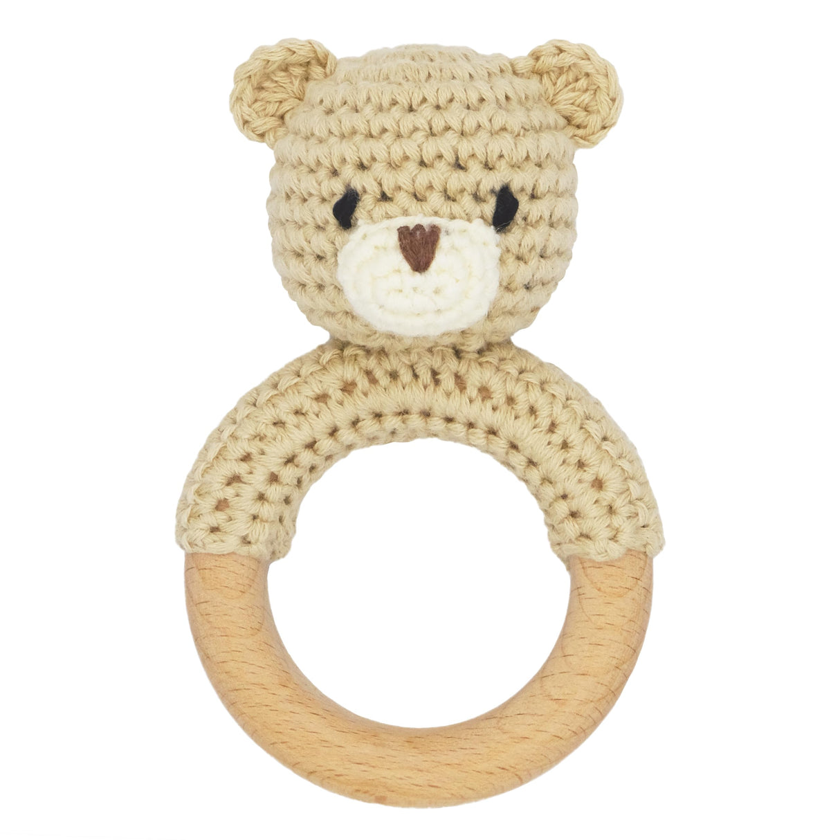 Joliecraft Safari Animals Wooden Baby Rattle Toys Stuffed Crochet Rattle with Teether Ring for Newborn, Beige Bear Joliecraft
