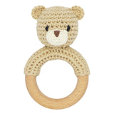 Joliecraft Safari Animals Wooden Baby Rattle Toys Stuffed Crochet Rattle with Teether Ring for Newborn, Beige Bear Joliecraft