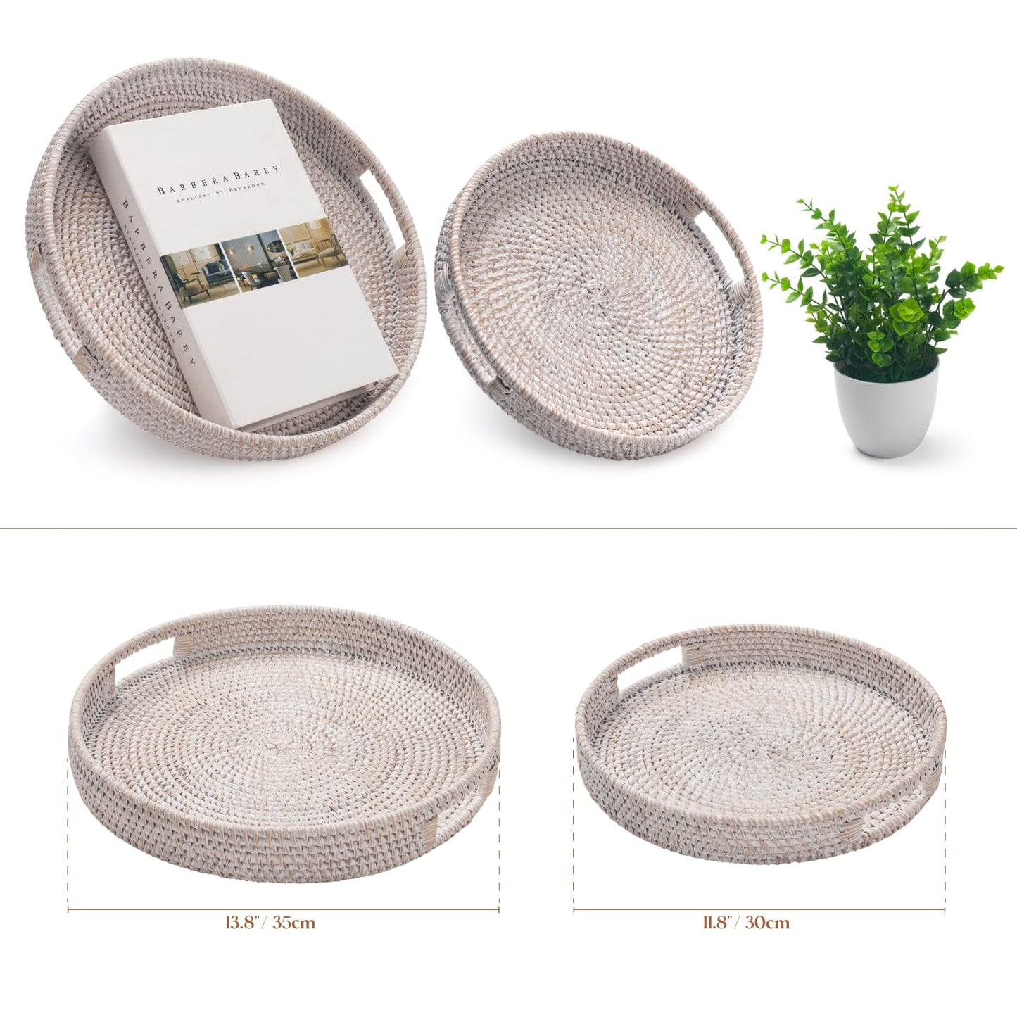 13.8 inch Round Rattan Tray, Decorative Coffee Table Tray, Ottoman Tray, Woven Serving Tray with Handles, Wicker Serving Basket, Whitewash