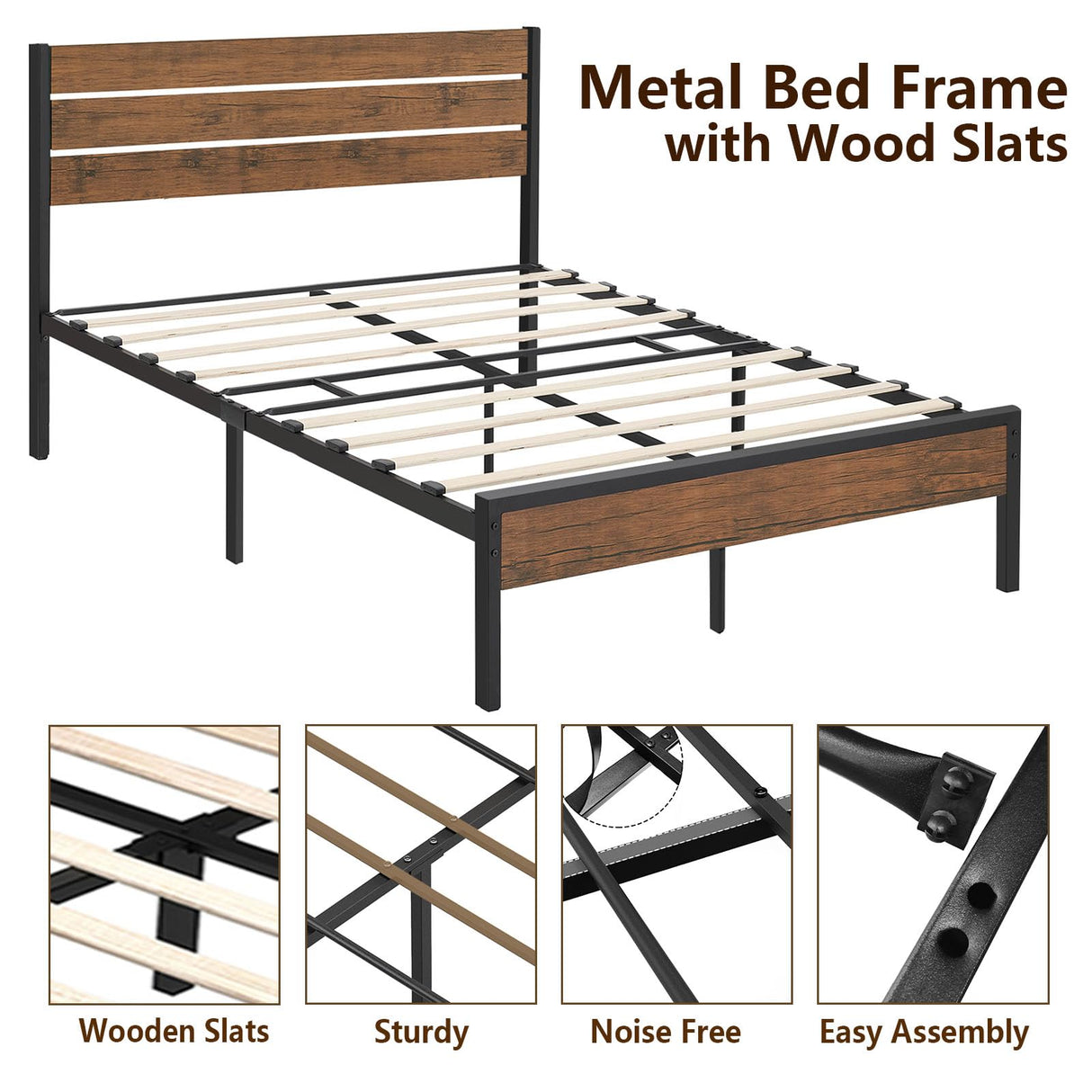 SunnyFurn Rustic Full Bed Frame with Headboard,Metal Platform Farmhouse Bed Frame Wood Slat,Sturdy Heavy Duty Bed Frame,No Box Spring Needed,Easy Assembly,Under Bed Storage, Rustic Brown, Full Size SunnyFurn