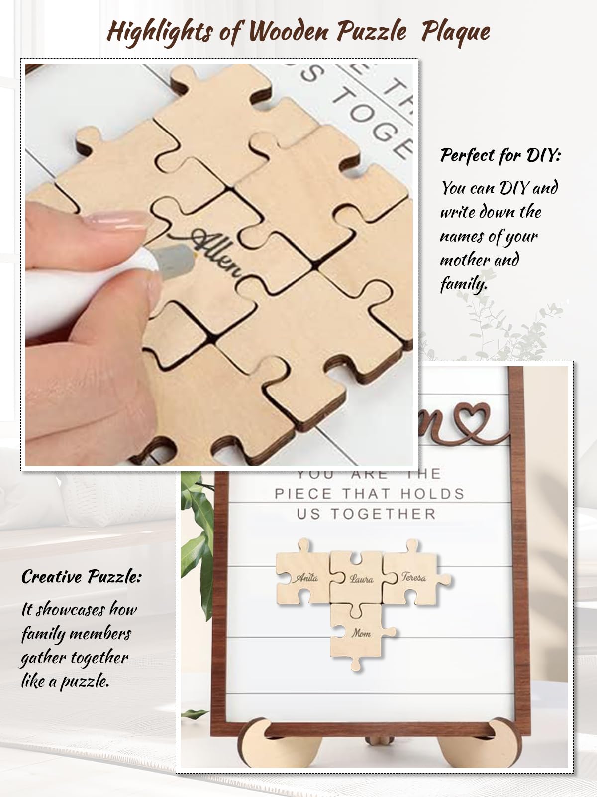 DECEED Mom Puzzle Piece DIY Sign Mother’s Day Puzzle Sign Wooden Table Decor Personalized Mothers Day Puzzle Plaque Gifts, You are The Piece That Holds US Together Customized Puzzle Card DECEED