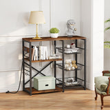 Homeiju Kitchen Island, Baker's Rack with Power Outlet, Microwave Stand, Coffee Bar with 3 Removable Wire Baskets, Kitchen Storage Rack with 6 S-Hooks for Spices, Pots and Pans - Rustic Brown Homeiju
