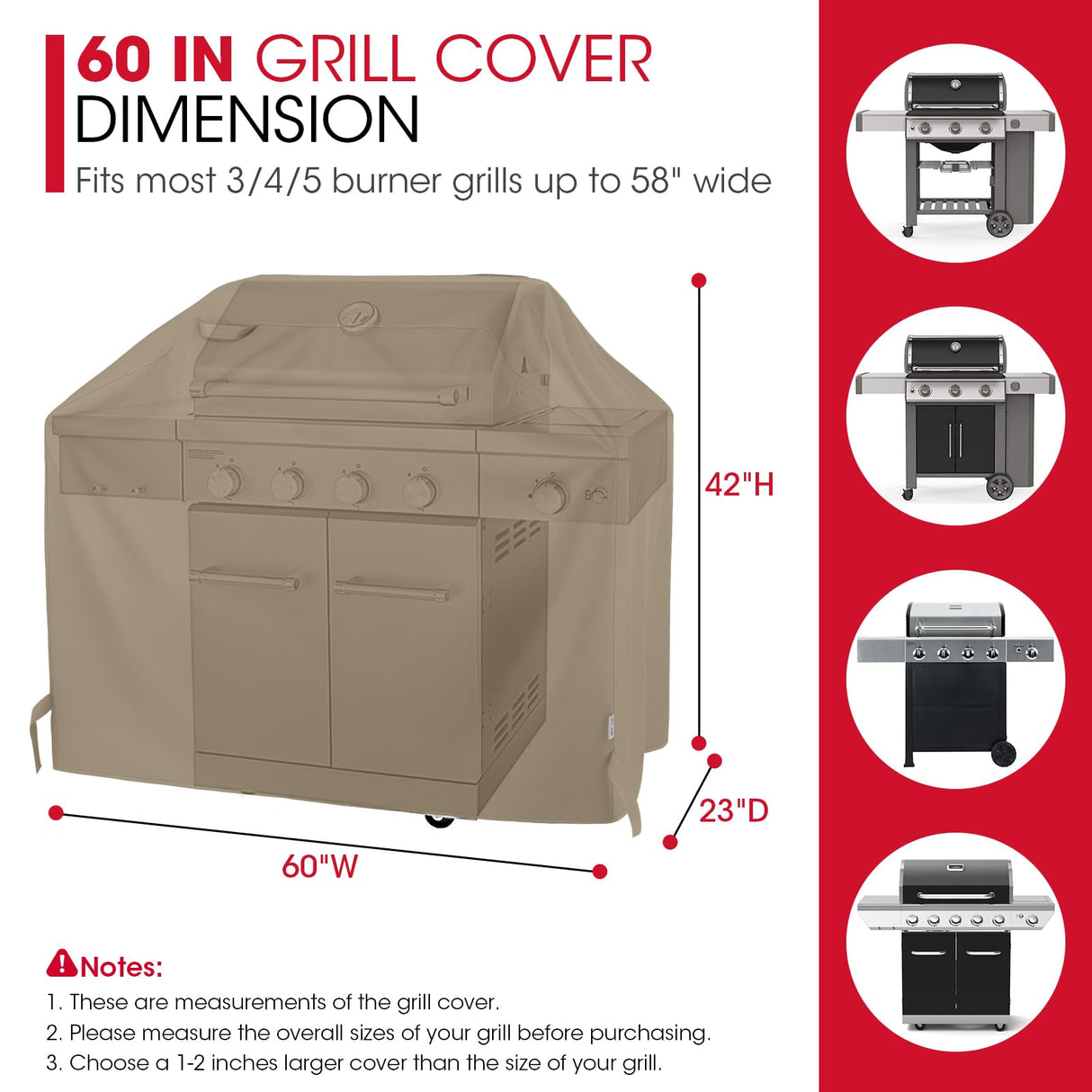 Unicook Grill Cover 60 Inch, Heavy Duty Waterproof BBQ Grill Cover for Outdoor Grill, Fade Resistant Gas BBQ Cover with Sealed Seam, Compatible with Weber Charbroil and More Grills, Neutral Taupe Unicook