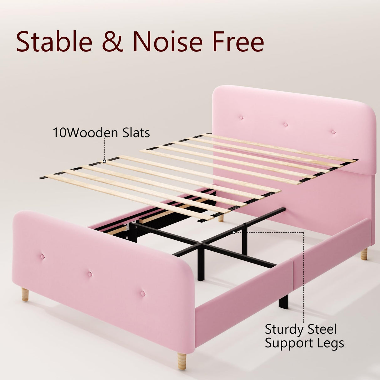 Queen Size Platform Bed Frame with Velvet Upholstered Headboard, Button Tufted Headboard and Footboard, Anti-Collision Soft Rounded Corners, No Box Spring Needed, Easy Assembly, Pink viplov