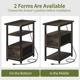 Yoobure End Table with Charging Station, Narrow Side Table with Adjustable Fabric Drawer, 3-Tier End Tables Living Room, Small Nightstand with Outlets, LED Skinny Night Stand for Bedroom Small Spaces Yoobure