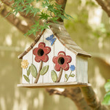 Glitzhome 10.75" L Distressed Solid Wood Birdhouse with 3D Flowers Rustic Two-Story Townhouse Hand-Painted Bird Houses for Garden Outdoors,Washed White glitzhome