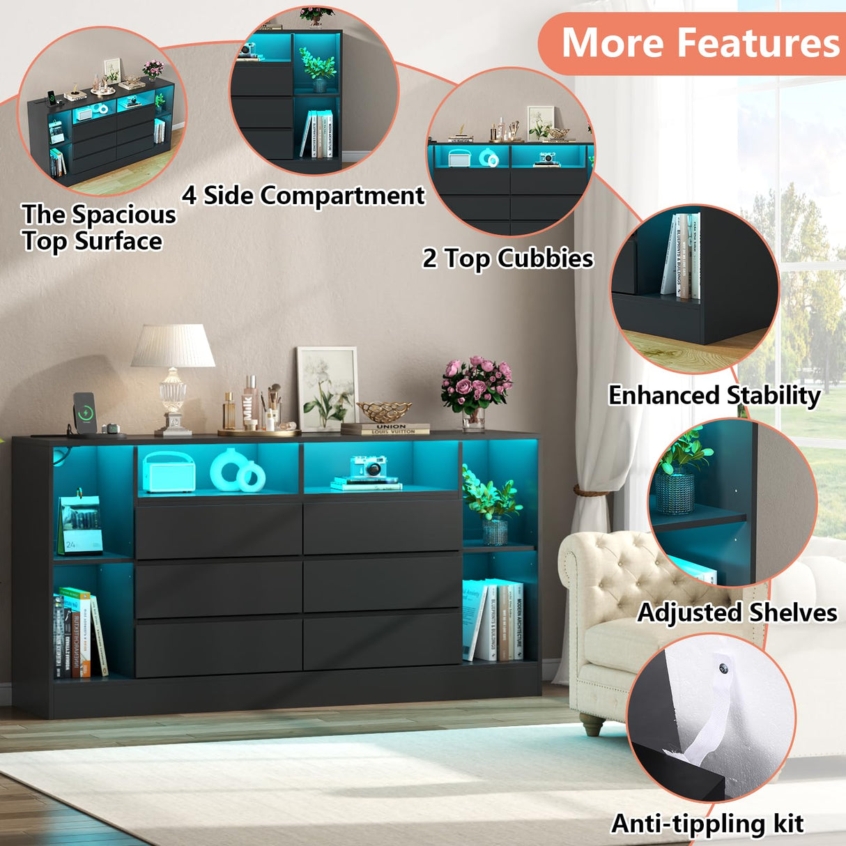 Loomie 6 Drawers Dresser with 6 Open Storage Cubbies, LED Dressers & Chests of Drawers with Power Outlet, 55" Wide Long Dresser for Bedroom, Modern TV Stand with Open Shelf for Living Room (Black) Loomie