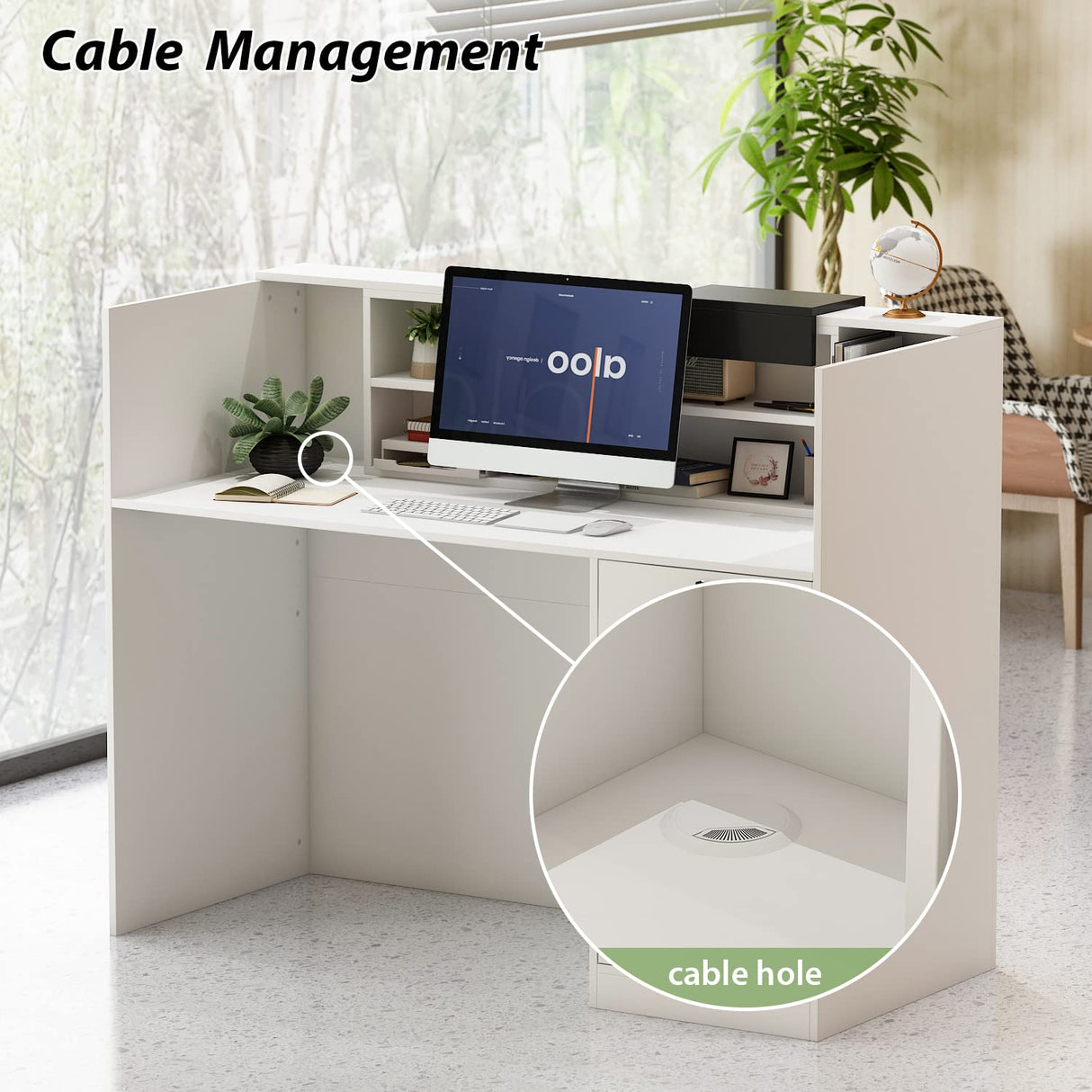 AIEGLE Reception Counter Desk with Adjustable Shelf & Lockable Drawersfor Salon Reception Room Checkout Office, White (55.1" L x 23.6" W x 43.3" H) AIEGLE