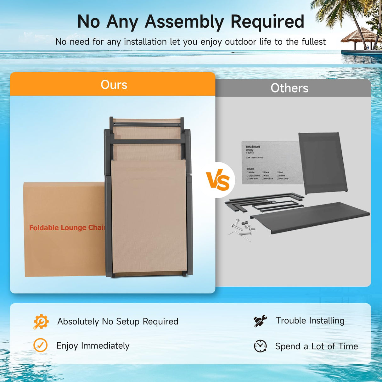 ONBRILL Aluminum Chaise Lounge Chair Outdoor, Foldable & Assembly Free Outdoor Lounge Chair with 5 Position Adjustable Backrest, Patio Pool Lounge Chairs for Outside Poolside Beach Lawn, 1PC, Khaki ONBRILL