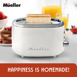 MÜELLERHOME Retro Toaster 2 Slice, 7 Browning Levels, 3 Functions (Reheat, Defrost, Cancel), Removable Crumb Tray, Under Base Cord Storage, White Toaster Kitchen Appliances MÜELLERHOME