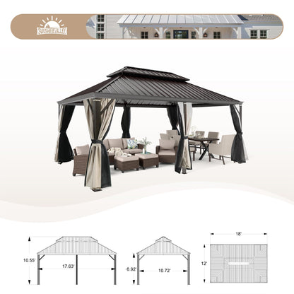 SUNSHINE VALLEY 12'x18' Hardtop Gazebo, Outdoor Aluminum Frame Gazebo with Galvanized Steel Double Roof, Patio Gazebo with Netting and Curtains for Deck, Backyard, Garden - WoodArtSupply