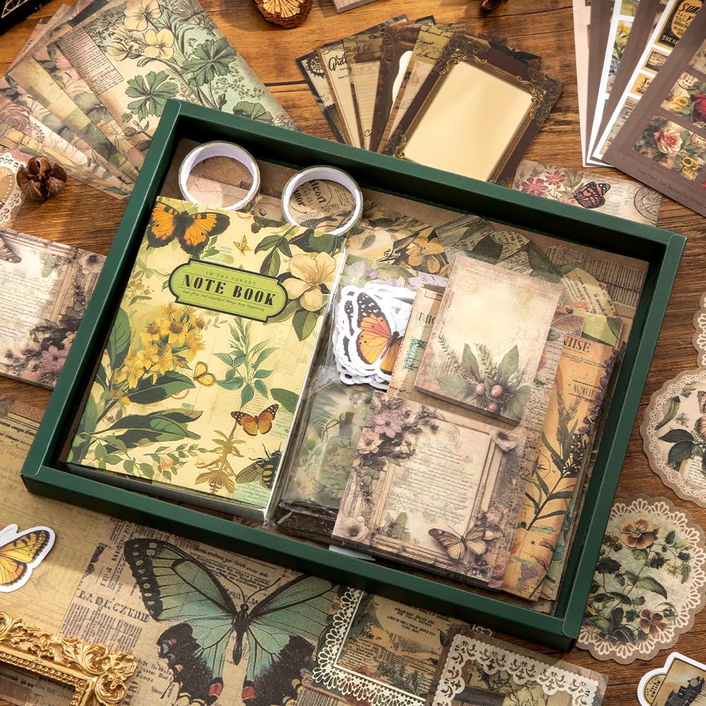 icceemee Scrapbooking Supplies Kit,Green Garden Scrapbooking Kit for Bullet Junk Journaling, Stationery, A6 Grid Notebook, Floral DIY Note-Taking Supplies, Birthday Craft Gift for Teen Girls icceemee