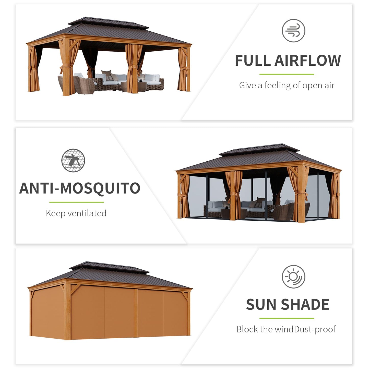 Aoxun 12' x 20' Hardtop Gazebo, Wooden Finish Coated Aluminum Frame Canopy, Galvanized Steel Double Top, Outdoor Permanent Metal Pavilion with