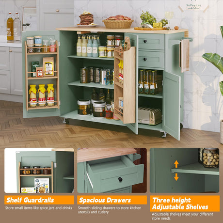 HLR Kitchen Island with Storage, Sage Green Rolling Kitchen Cart on Wheels with Drop-Leaf Bar Countertop, Islands Prep Table with Side Open Spice Rack and Tower Rack, Extra Storage for Kitchen HLR