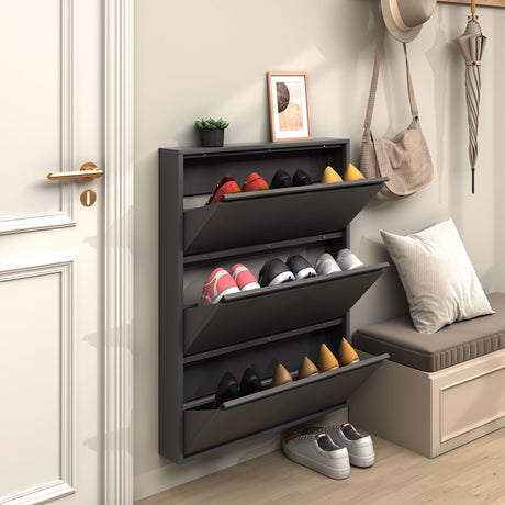 LUCYPAL Shoe Cabinet Storage for Entryway,Black Metal Shoe Cabinet with 3 Flip Drawers,Narrow Wall Shoe Storage Cabinet for Entryway,Hallway,Living Room,Require Assembly LUCYPAL