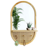 YXDXF Entryway Mirror with Hooks, 30x18 Inch Boho Wall Mirror with Removable Shelf, Oval Solid Wood Framed, Handmade Rattan Wall Mirror for Over Sink, Bathroom, Bedroom, Living Room, Hallway, Vanity YXDXF