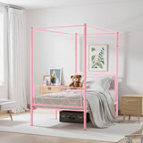 VEVOR Canopy Bed Frame Twin Size, Metal Canopy Bed with Minimalist Headboard & Four Posters Design, Heavy Duty Steel Slats Support, Underbed Storage Space, No Box Spring Needed, Easy Assembly, Pink VEVOR