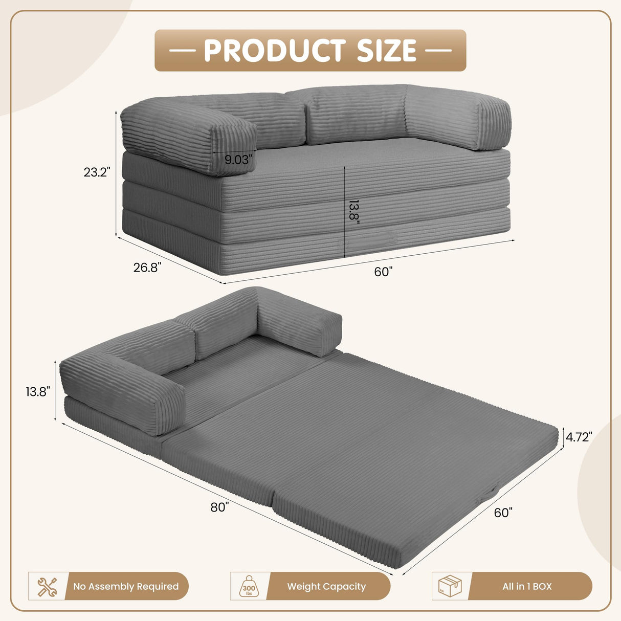 5-in-1 Convertible Sofa Bed Queen,Tri-Fold Mattress with Removable L-Shaped Armrests,Corduroy Boneless Couch Floor Sofa Futon Couch Sleeper with Pull Out Bed for Living Room Bedroom Apartment feliz home