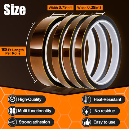 PHIXBEAR Heat Tape for Sublimation - 4 Rolls 433 Ft Heat Resistant Tape, No Residue - Fits Heat Press, Electronics, Mug, T-Shirts - Heat Transfer Tape & Kapton Tape - Width 0.79in & 0.39in