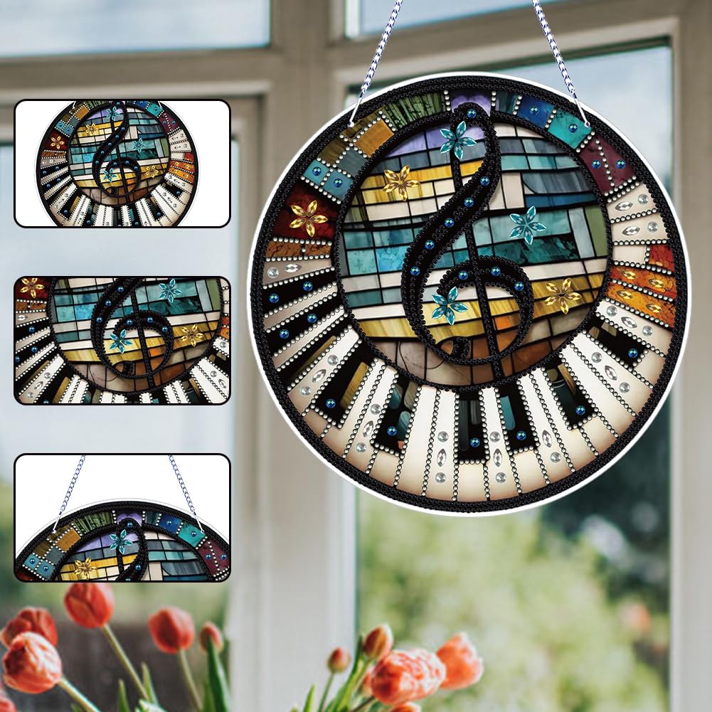 5D Diamond Painting Kits Hanging Pendant, Glass Special Shaped Piano Notes DIY Diamond Painting Hanging Suncatcher, Double-Sided Pattern Window Pendant Ornament for Home Decoration and Gift Generic