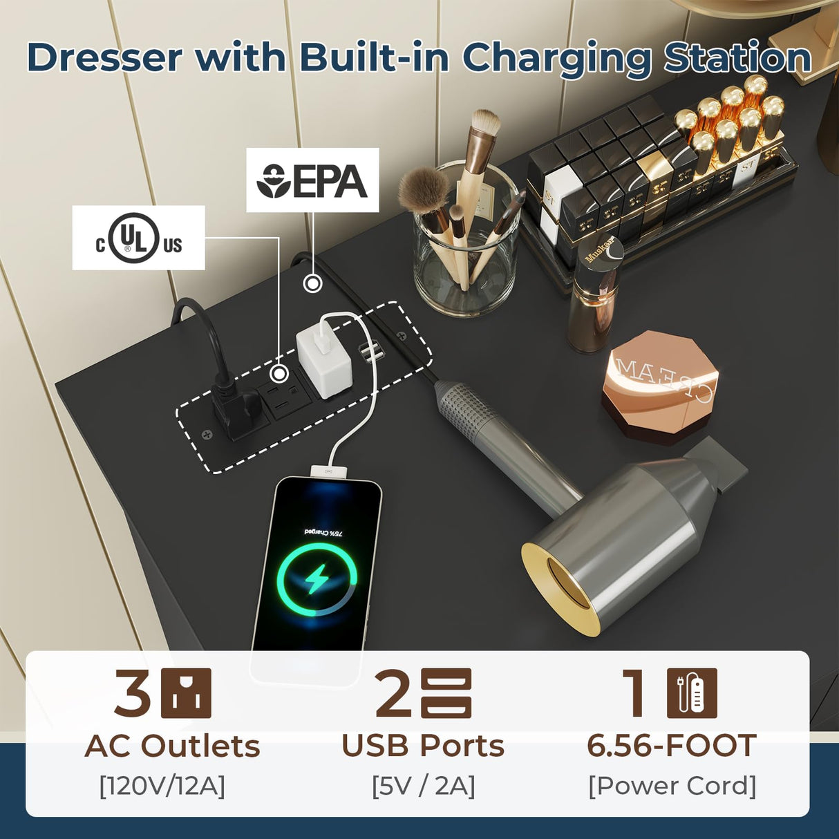 DICTAC Black Dresser for Bedroom with 10 Drawers, Large Chest of Drawers Storage Organizer, Long Dresser TV Stand with Power Outlets, Wide Dressers for Bedroom, Living Room 55.1" W x 32.3" H x 15.8" D DICTAC